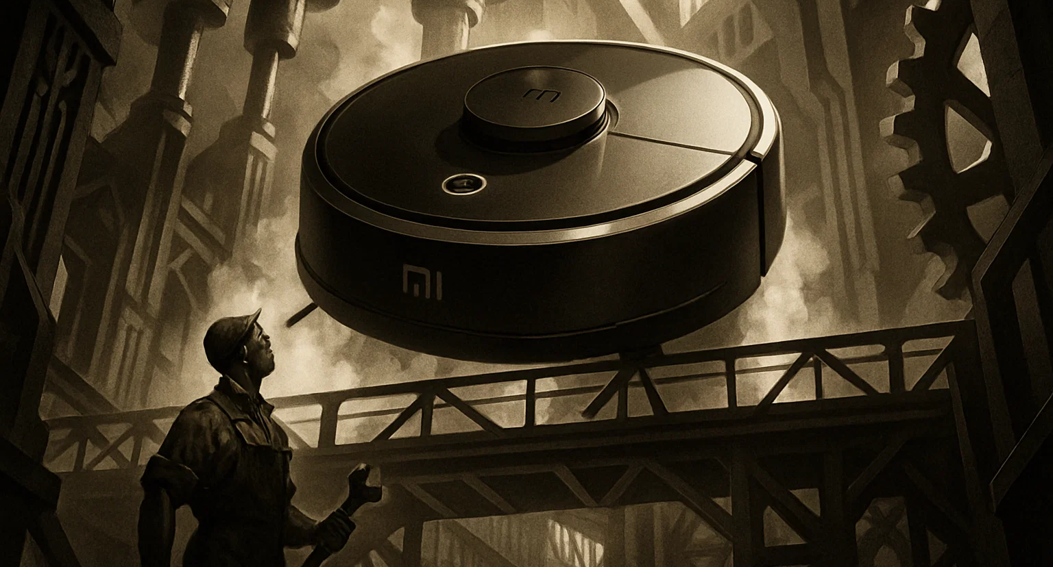 A worker stares in awe at a giant Xiaomi robot vacuum floating among industrial gears, in a Metropolis-style factory